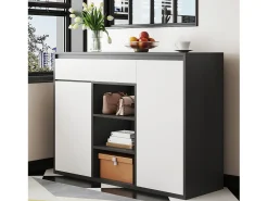 Móvel para sapatos 105x39.5x86 cm - 2 portas e 1 gaveta - Com iluminação LED - Com prateleiras ajustáveis - Branco + Preto