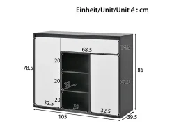 Móvel para sapatos 105x39.5x86 cm - 2 portas e 1 gaveta - Com iluminação LED - Com prateleiras ajustáveis - Branco + Preto