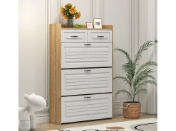 Móvel para sapatos 80x23.5x125 cm - com três grandes frontais basculantes - com 2 gavetas - branco + natural