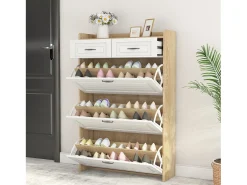 Móvel para sapatos 80x23.5x125 cm - com três grandes frontais basculantes - com 2 gavetas - branco + natural
