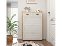 Móvel para sapatos 80x23.5x125 cm - com três grandes frontais basculantes - com 2 gavetas - branco + natural