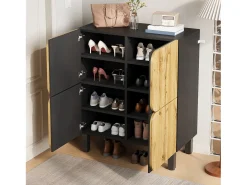 Móvel para sapatos 80x38,5x95 cm - con 4 portas - Prateleiras ajustáveis - Pés de ferro preto - Natural e preto
