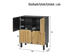 Móvel para sapatos 80x38,5x95 cm - con 4 portas - Prateleiras ajustáveis - Pés de ferro preto - Natural e preto