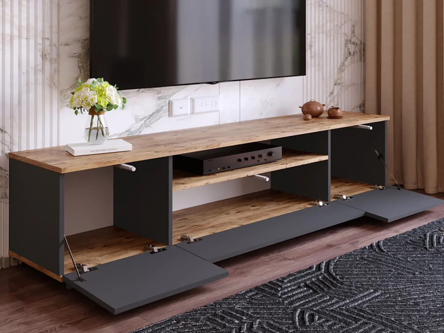 Móvel para TV com 3 portas e 1 nicho - Antracite e natural - LOTULA