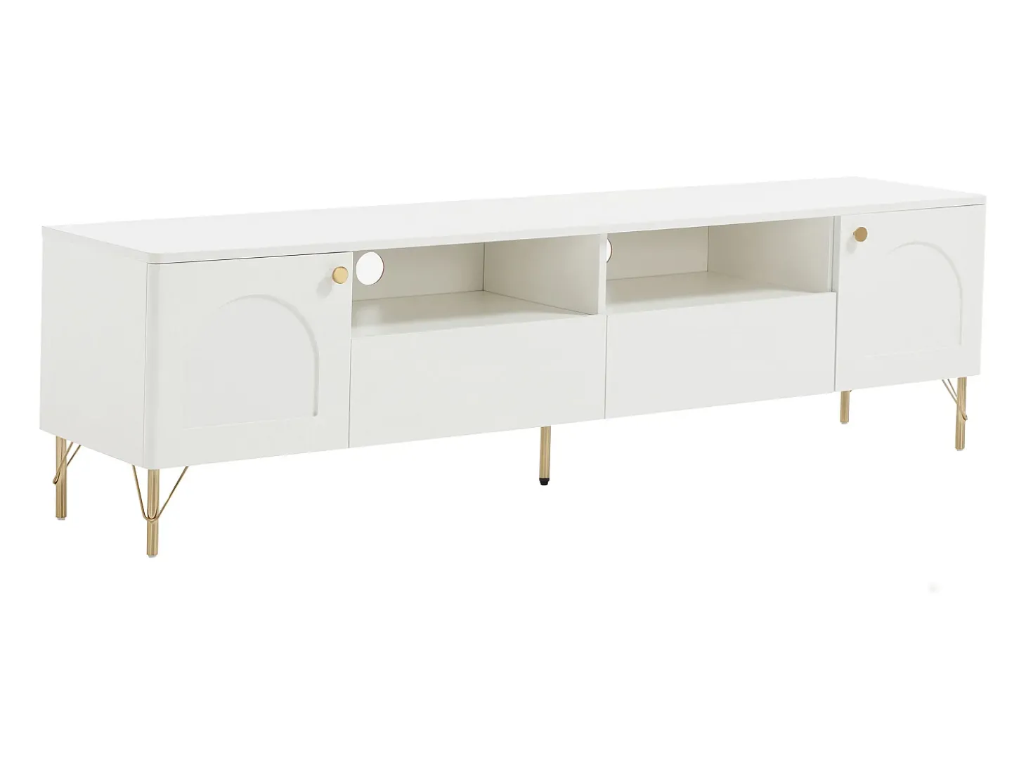 Móvel para TV com 2 portas, 2 gavetas e 2 nichos - Branco e dourado - ALOBARA