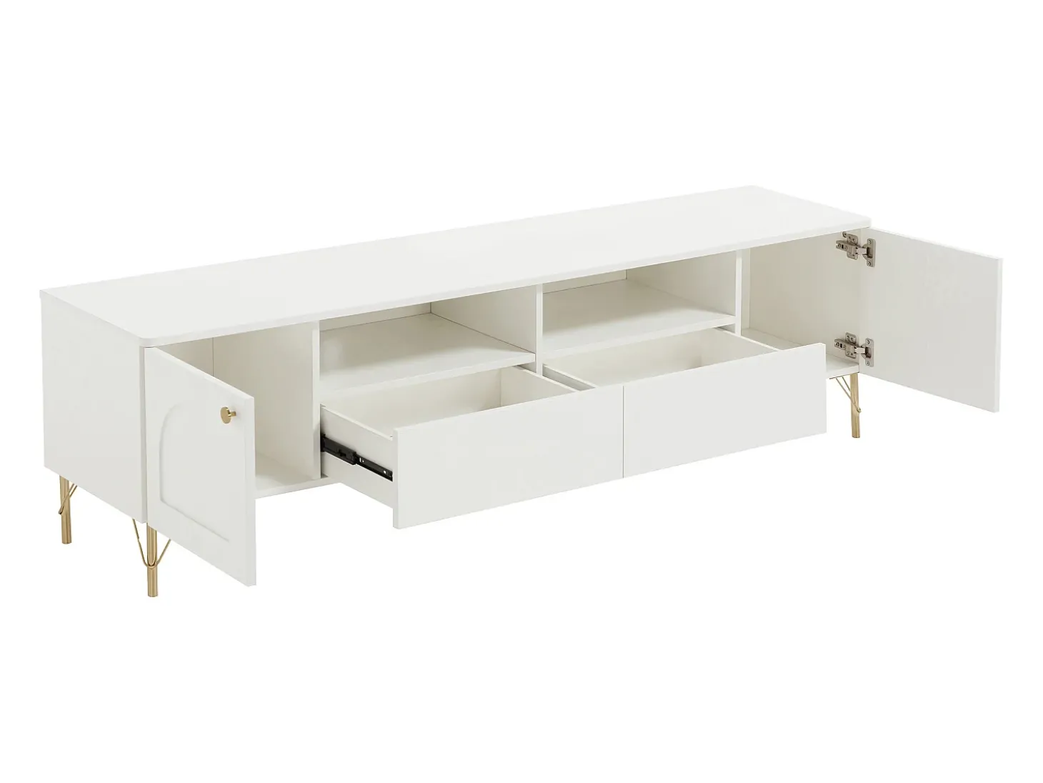 Móvel para TV com 2 portas, 2 gavetas e 2 nichos - Branco e dourado - ALOBARA