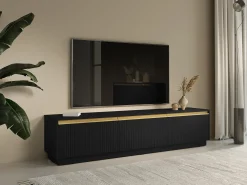 Móvel para TV de parede ou de chão com 3 portas em MDF - Preto e Dourado - POSINIA