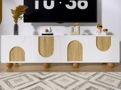 Móvel para TV 175x38x50cm - 4 portas - aspecto madeira vintage - Pés de madeira - MDF + painéis de partículas - Branco e natural