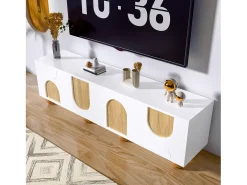Móvel para TV 175x38x50cm - 4 portas - aspecto madeira vintage - Pés de madeira - MDF + painéis de partículas - Branco e natural