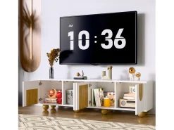 Móvel para TV 175x38x50cm - 4 portas - aspecto madeira vintage - Pés de madeira - MDF + painéis de partículas - Branco e natural