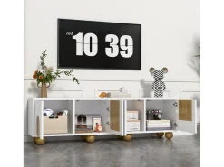 Móvel para TV 175x38x50cm - 4 portas - aspecto madeira vintage - Pés de madeira - MDF + painéis de partículas - Branco e natural
