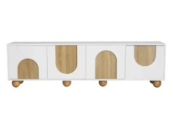 Móvel para TV 175x38x50cm - 4 portas - aspecto madeira vintage - Pés de madeira - MDF + painéis de partículas - Branco e natural