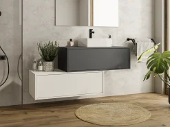 Móvel suspenso casa de banho lavatório individual cinza antracite e branco 2 gavetas TEANA