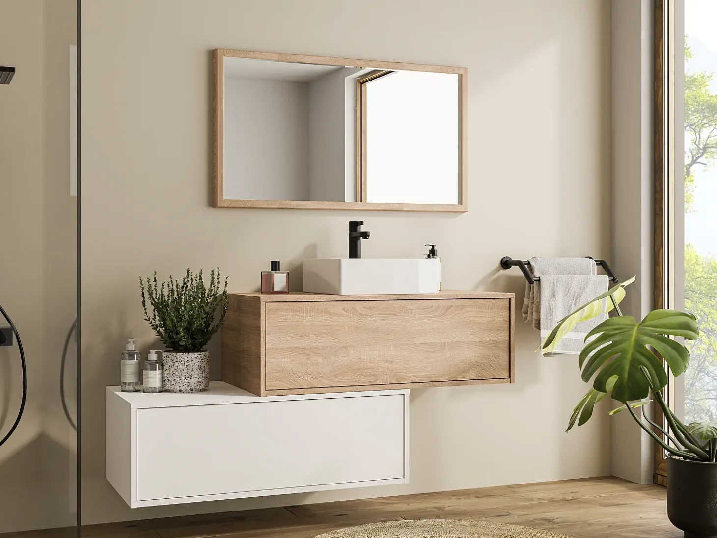 Móvel suspenso casa de banho, lavatório individual, branco e natural claro 2 gavetas TEANA