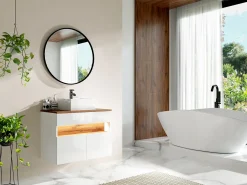Móvel suspenso com LEDs para lavatório, branco e natural escuro, L80 cm, POZEGA