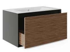 Móvel suspenso estriado com lavatório embutido - Natural escura e preta - 80 cm - BANIVA