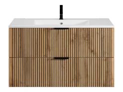 Móvel suspenso estriado com lavatório de encastrar natural claro e preto 100 cm MADELA
