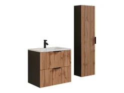 Móvel suspenso estriado e lavatório encastrar + coluna natural clara e preto 60 cm MADELA
