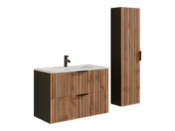 Móvel suspenso estriado e lavatório encastrar + coluna natural clara e preto 80 cm MADELA