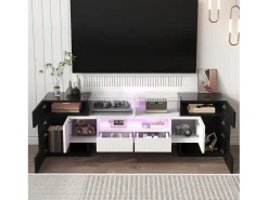 Móvel TV com 4 portas e 2 gavetas - 145 x 30 x 51 cm - LEDs - Aglomerado - Branco + Preto