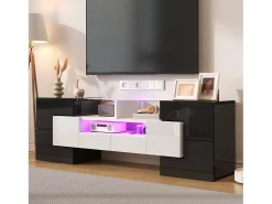 Móvel TV com 4 portas e 2 gavetas - 145 x 30 x 51 cm - LEDs - Aglomerado - Branco + Preto