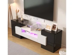 Móvel TV com 4 portas e 2 gavetas - 145 x 30 x 51 cm - LEDs - Aglomerado - Branco + Preto