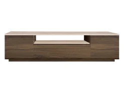 Móvel TV com 3 portas e 1 nicho - Natural escuro e efeito travertino bege - LOTULA