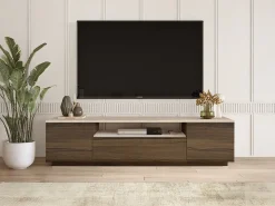 Móvel TV com 3 portas e 1 nicho - Natural escuro e efeito travertino bege - LOTULA