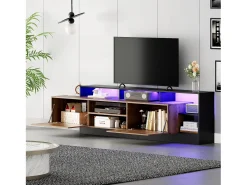 Móvel TV com 2 portas e prateleiras - 190 x 40 x 48,5 cm - LEDs - Aglomerado - Carvalho e preto