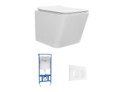Pack sanita suspensa, cerâmica branco fosco estrutura de suporte e placa descarga CLEMONA