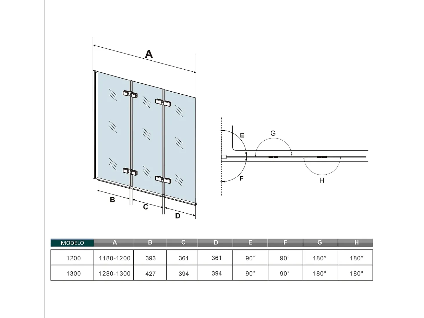 Painel de Banheira Dobrável 3 Folhas Vidro Anti-calcário 6mm Dobrável 3 vezes Dimensões: (1180-1200)x1400mm