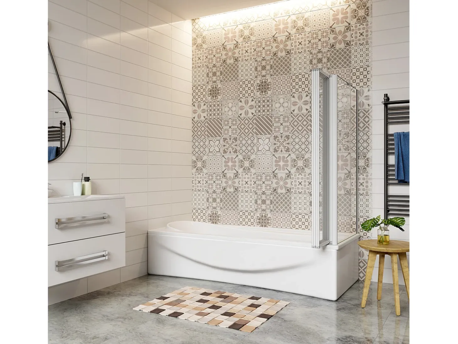 Painel de Banheira Dobrável de Vidro 4mm com Perfil Cinza Fosco-4Folhas Dobráveis+Painel Lateral 700mm Tamanho:(899-909)x(672-699)x1400mm