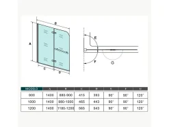 Painel de Banheira Dobrável 2 Folhas de Vidro Anti-calcário 6mm Dobrável com Toalheiro 300mm Dimensões: (880-900)x1400mm