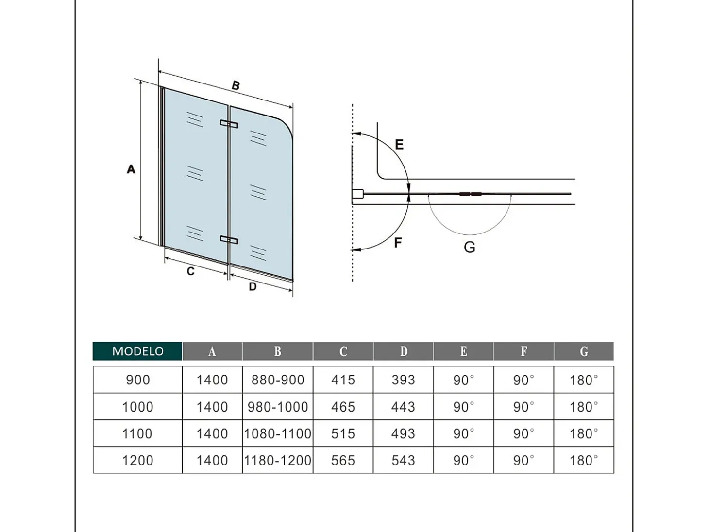 Painel de Banheira Dobrável 2 Folhas Vidro Anti-calcário 6mm Perfil Preto Fosco Tamanho: (980-1000)x1400mm