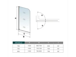 Painel de Banheira Dobrável 1 Painel Giratório Vidro Temperado 4mm com Cinza Fosco Tamanho do Perfil: (790-800)x1400mm