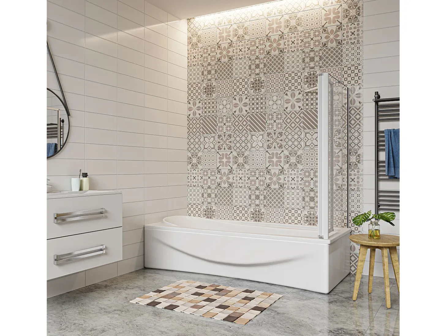 Painel de Banheira Dobrável de Vidro 4mm com Perfil Cinza Fosco-2 Folhas Dobráveis+Painel Lateral 700mm Tamanho:(899-909)x(672-699)x1400mm