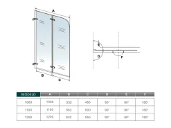 Painel de Banheira Dobrável Giratória Dobradiça 2 Folhas Vidro Temperado 5 mm Dimensões: 1100x1400mm