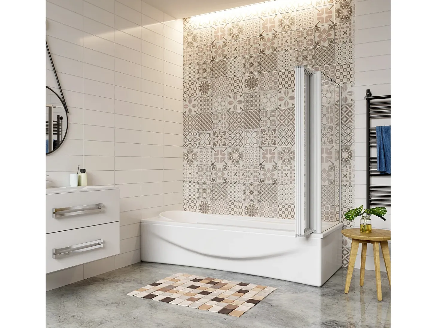 Painel de Banheira Dobrável de Vidro 4mm com Perfil Cinza Fosco-5Folhas Dobráveis+Painel Lateral 70cm Tamanho:(1199-1209)x(672-699)x1400mm