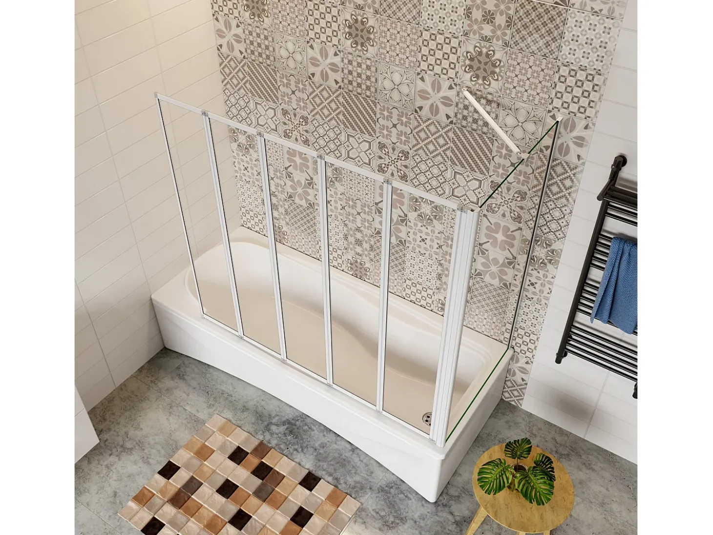 Painel de Banheira Dobrável de Vidro 4mm com Perfil Cinza Fosco-5Folhas Dobráveis+Painel Lateral 70cm Tamanho:(1199-1209)x(672-699)x1400mm