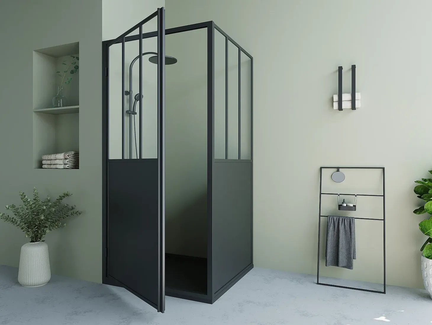 Painel de duche com porta giratória preto mate 80 x 80 x 195 cm - URBANIK
