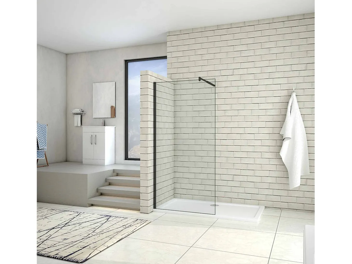 Painel de duche Fixo de folha única Vidro Anti-calcário 8mm com Barra ajustável 70-120cm Perfil Preto fosco Tamanho(88-90)x200cm-AICA