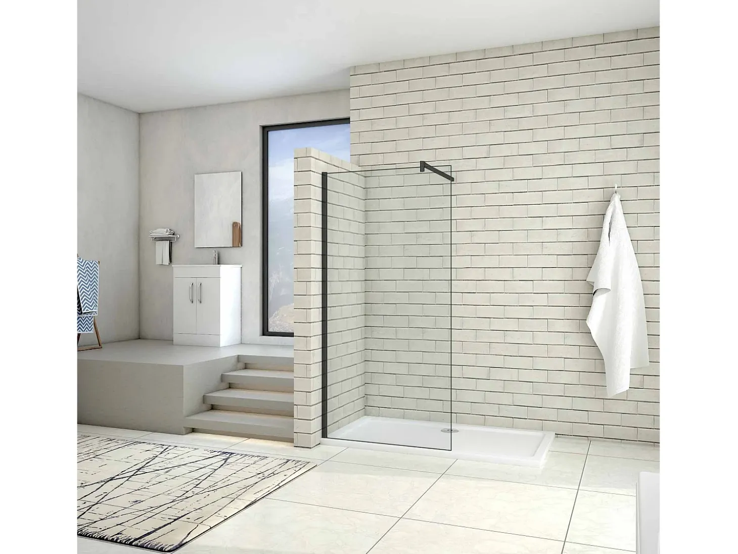 Painel de duche Fixo de folha única Vidro Anti-calcário 8mm com uma Barra de 90cm Perfil Preto fosco Tamanho(158-160)x200cm-AICA