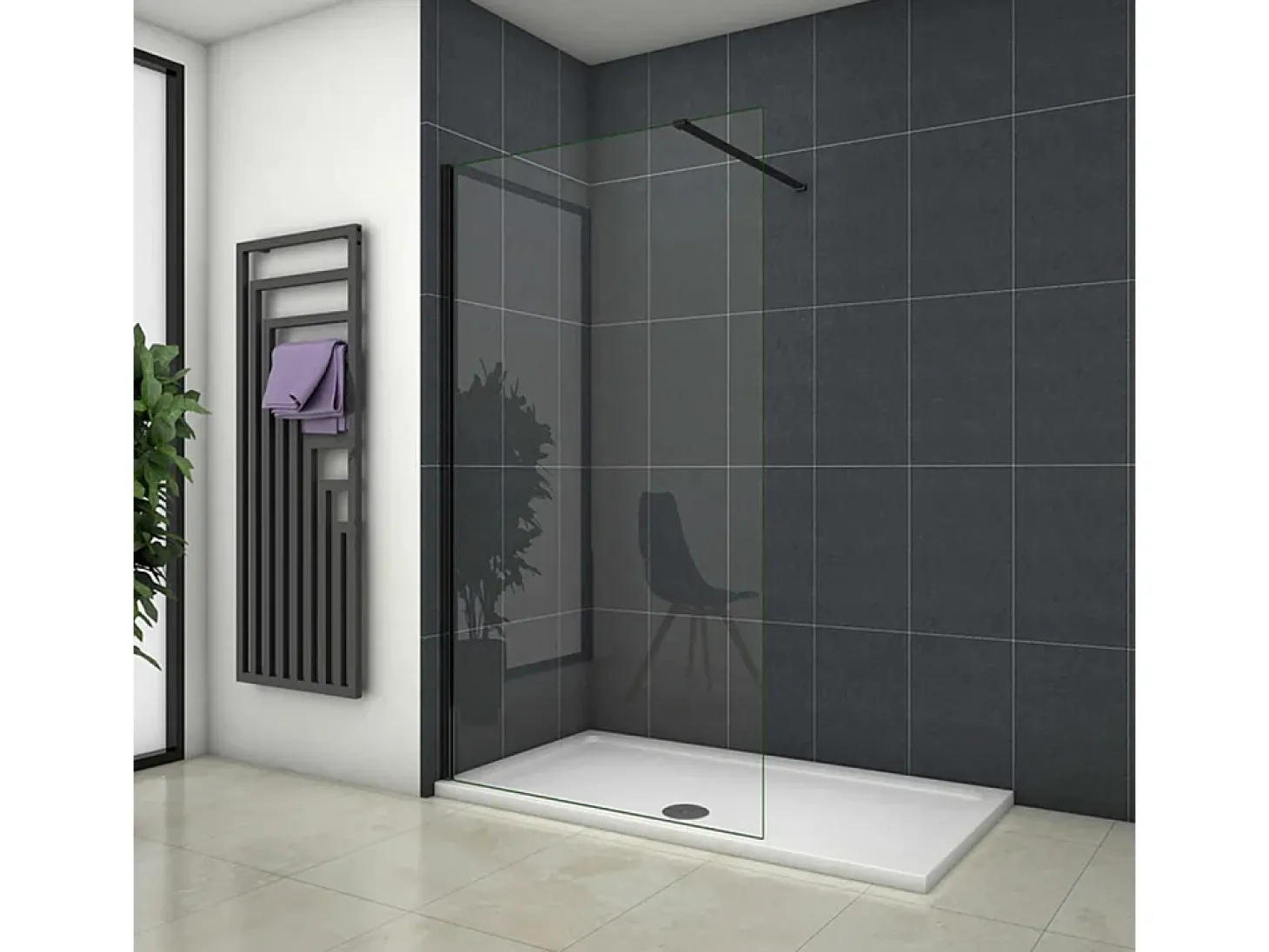 Painel de duche Fixo folha única Perfil Preto fosco Vidro Anti-calcário 8mm com uma Barra1 de 90cm Tamanho(68-70)x200cm-AICA