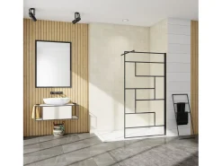 Painel de duche Fixo serigrafada com linha preta Vidro temperado Anticalcário 8mm com Barra 70-120cm Perfil Preto fosco (88-90)x200cm-AICA