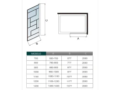 Painel de duche Fixo serigrafada com linha preta Vidro temperado Anticalcário 8mm com Barra 70-120cm Perfil Preto fosco (88-90)x200cm-AICA