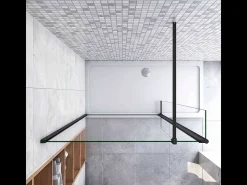 Painel de duche Movível 2 folhas Painel fixo+Lado giratório Vidro 8mm Anti-calcário com Barra Preta fosca 90cm Tamanho[(163.9-165.9)+40]x200cm-AICA