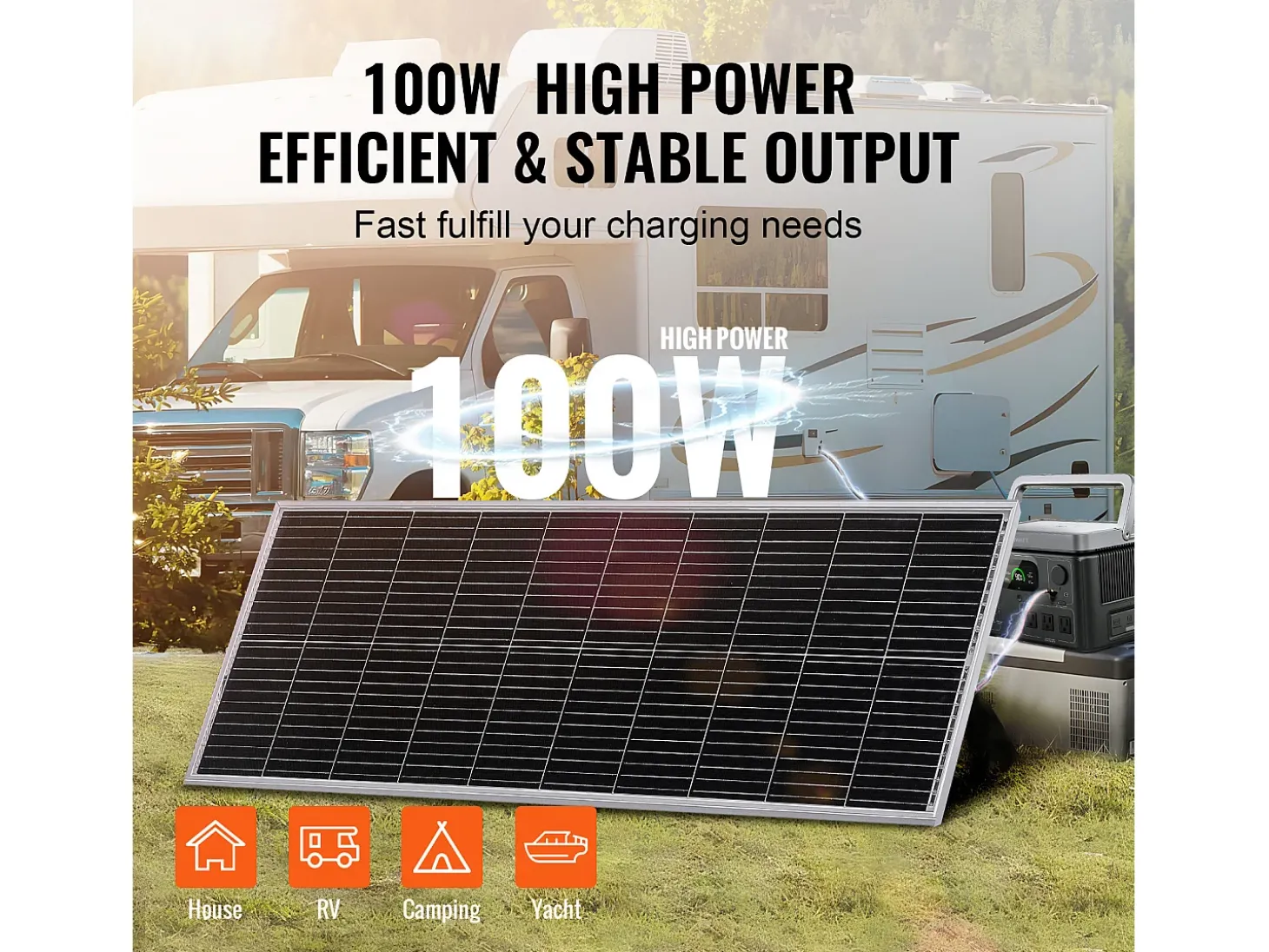 Painel Solar Monocristalino SucceBuy, 100 W 12 V, Kit de Painel com Controlador, para Acampar, Fazer Caminhadas, Uso Fora da Rede