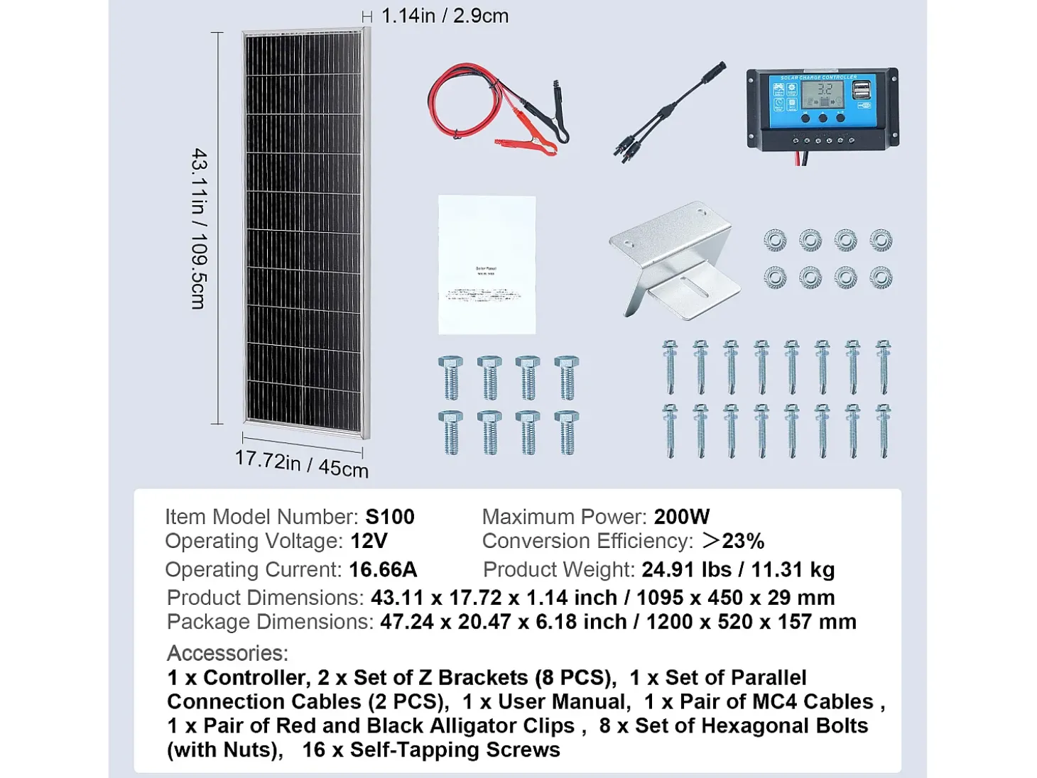 Painel Solar Monocristalino SucceBuy, 200 W, Kit de 2 Painéis e Controlador, para Acampar, Fazer Caminhadas, Uso Fora da Rede