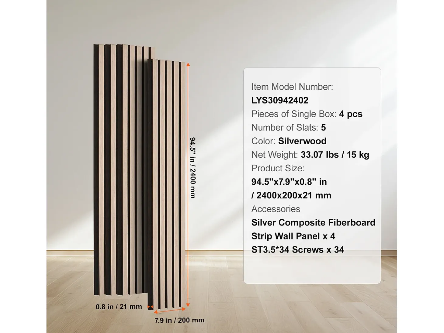 Painéis Acústicos de Listras de Madeira SucceBuy, Painéis de Parede de Madeira MDF, para Decoração de Parede Interior Moderna, 240 x 20 cm