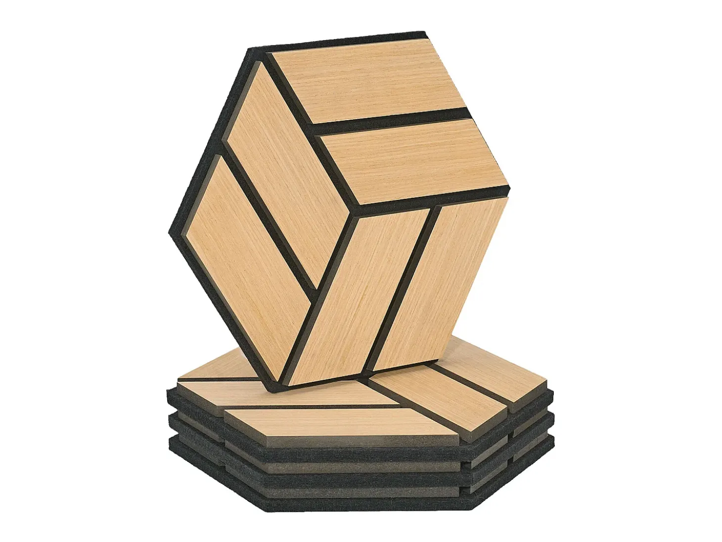 Painéis Acústicos 30x26 cm Carvalho Hexágono Colmeia Conjunto 4 Peças 3D
